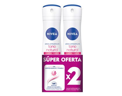 image-Oferta Desodorante Aclarante para Mujer Nivea Tono Natural Classic Touch Spray 150 ml x 2 und